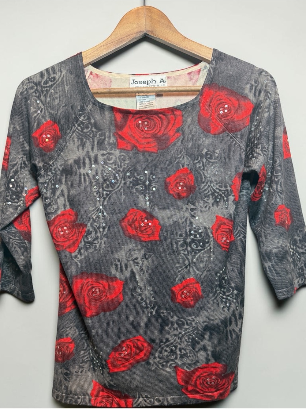 Joseph A Silk Blend Top Red Rose Print Sequin Embellished Sheer Stretch S